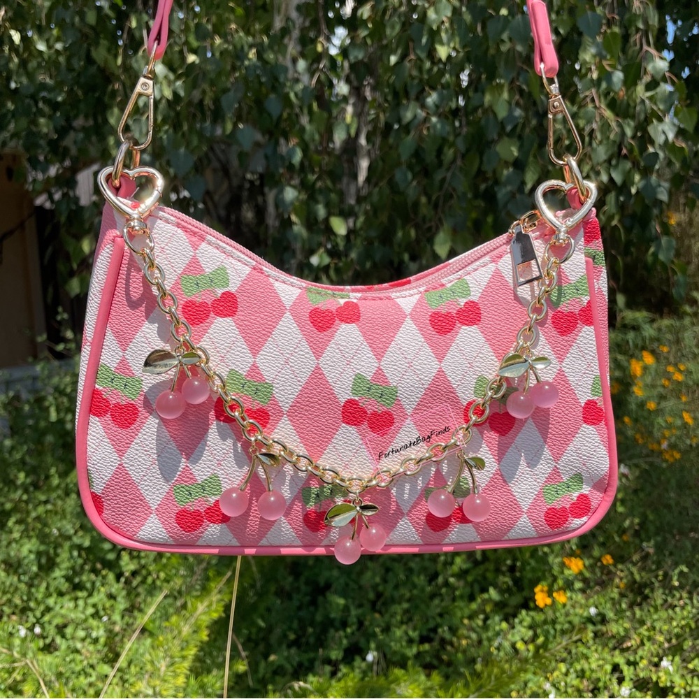 Pink Crystal Cherry Bag Charm Chain Novelty Purse Strap Baby Pink Cherries Charm - Picture 11 of 14